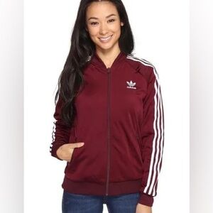 Adidas Supergirl Track Jacket Womens L Burgundy White Full Zip Pockets Trefoil